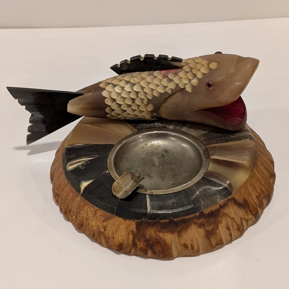 Vintage MCM Carved Horn Fish Ashtray